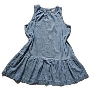 LOFT XL Chambray Denim Ruched Flounce Swing Dress Sleeveless Tiered Ruffle Hem